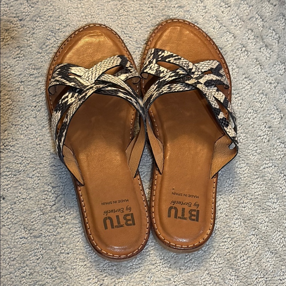 Tan and Black Crisscross Strap Sandals with Flat Sole